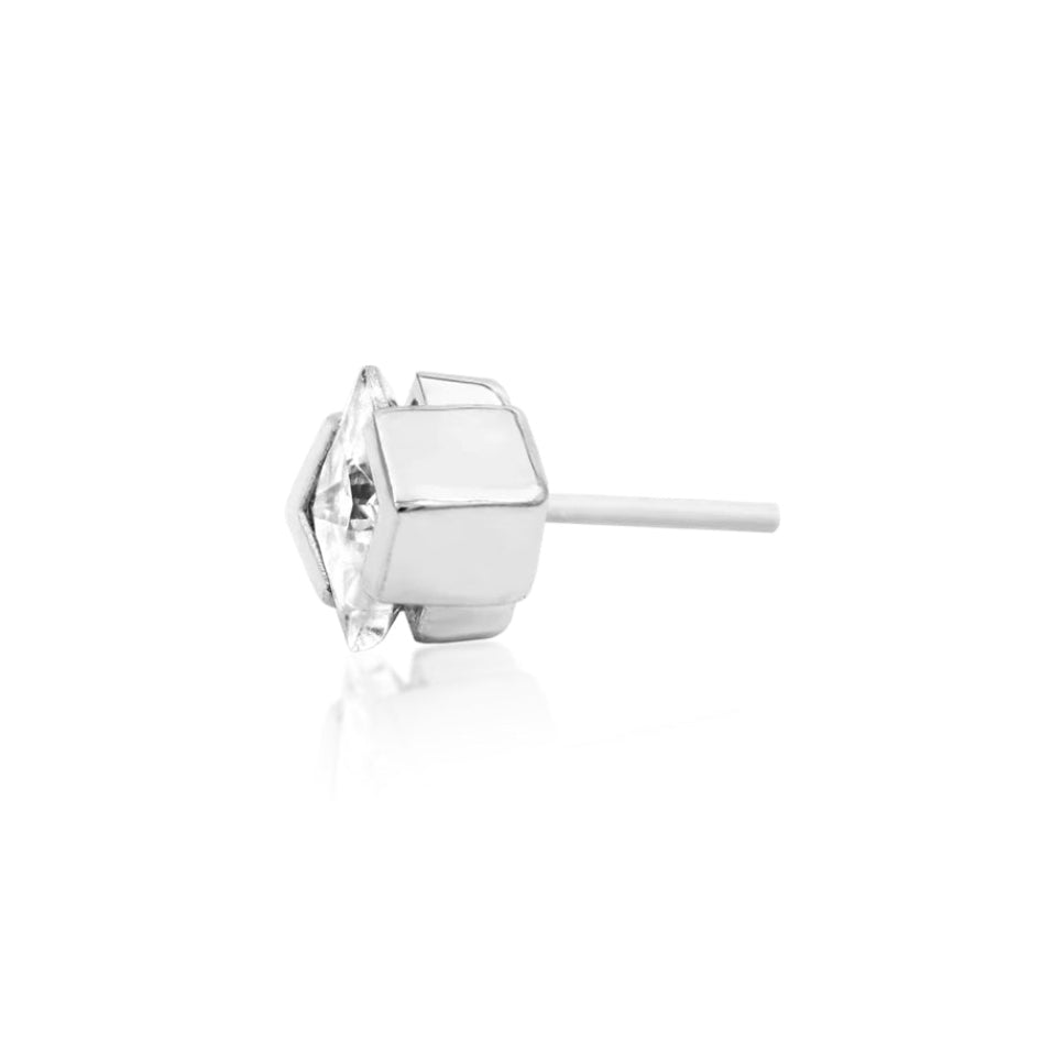 Solid white gold piercing jewellery with a geometric chevron and square CZ
