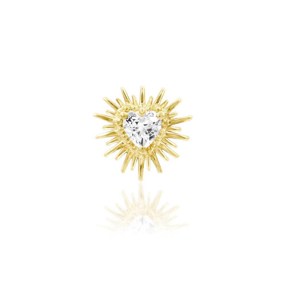 Junipurr Heartbreak solid gold piercing jewellery with a heart-shaped CZ and carved spikes