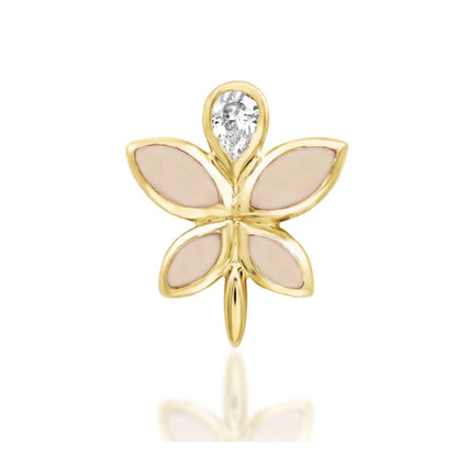 Solid gold rose quartz cartilage earring in 14k yellow gold with genuine pink gemstones and white CZ accents.