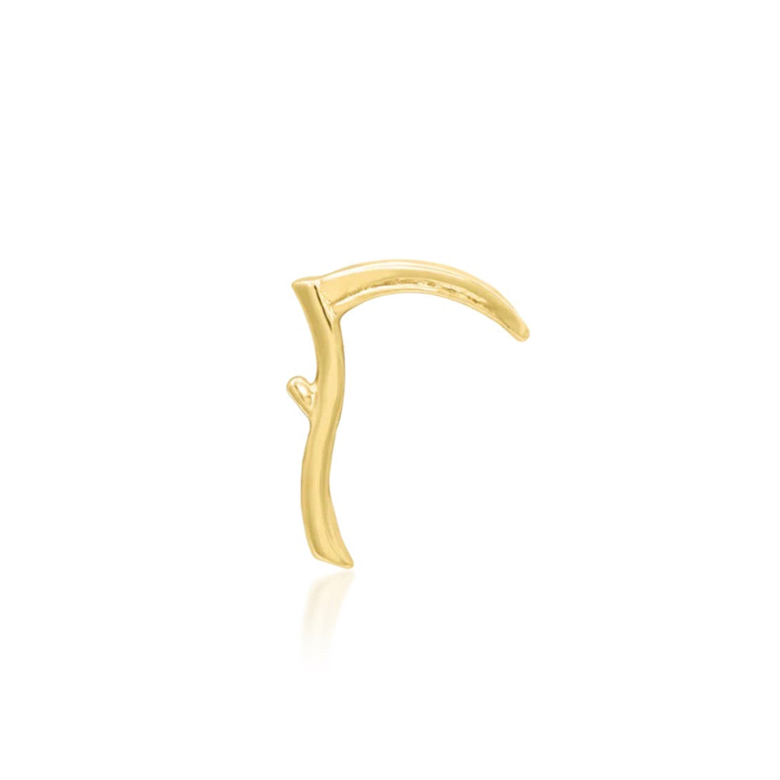 Solid gold scythe earring in polished 14k yellow gold with a distinctive curved blade and slender handle.