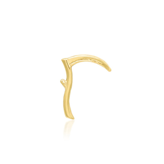 Solid gold scythe earring in polished 14k yellow gold with a distinctive curved blade and slender handle.