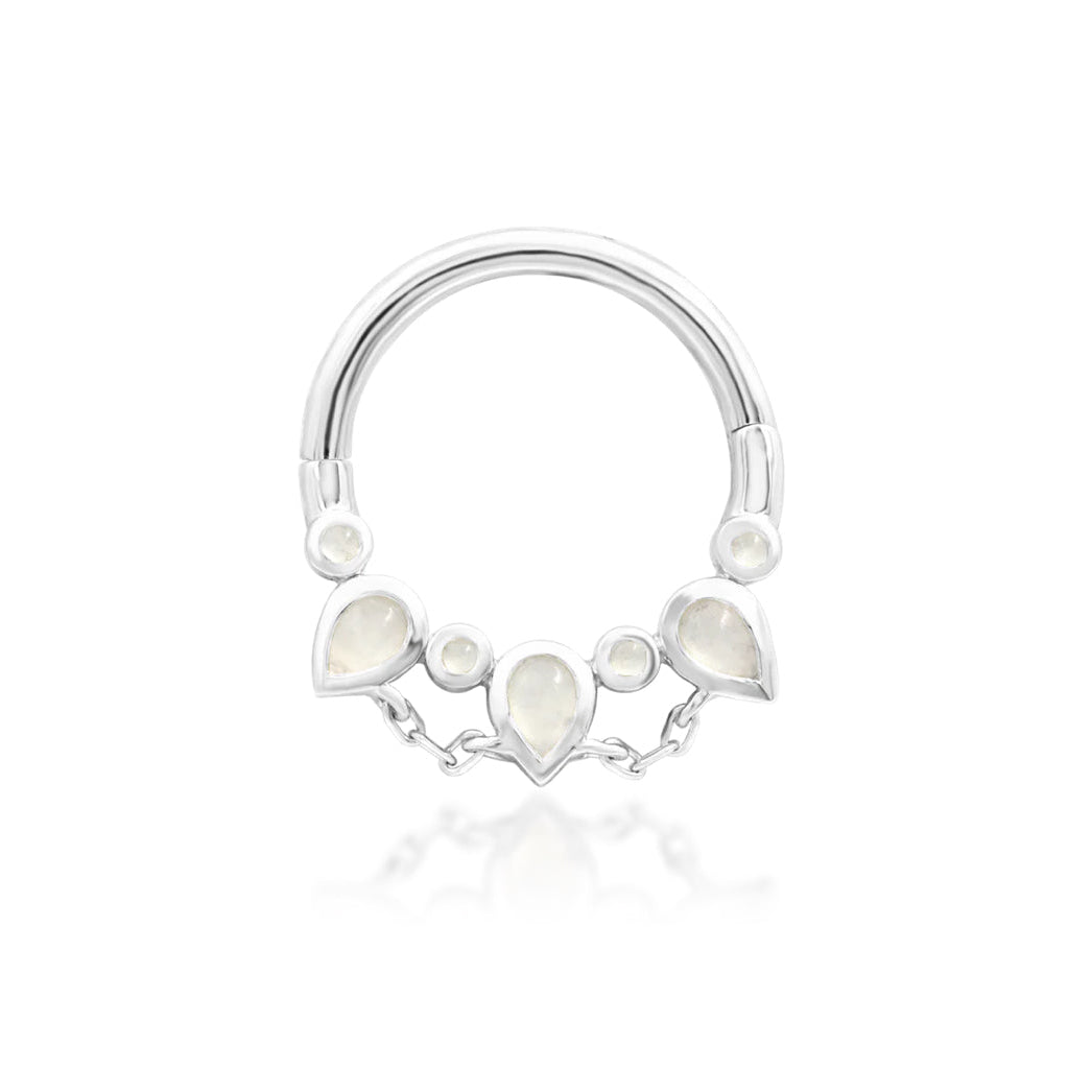 front studio shot of junipurr jewellery catalina moonstone clicker ring in white gold
