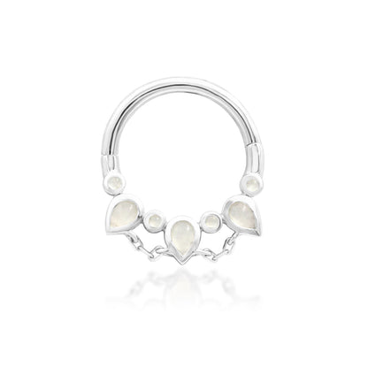 front studio shot of junipurr jewellery catalina moonstone clicker ring in white gold
