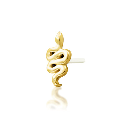 Solid yellow gold serpent cartilage stud with a compact coiled shape and gemstone-free finish