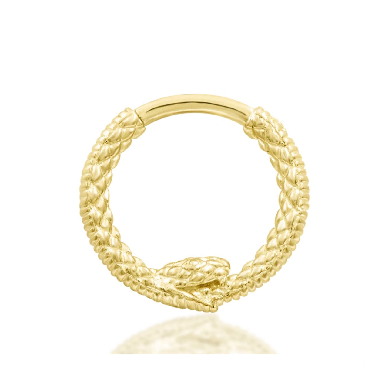 Solid gold snake daith ring in 14k yellow gold, featuring the detailed Junipurr Ouroboros serpent.