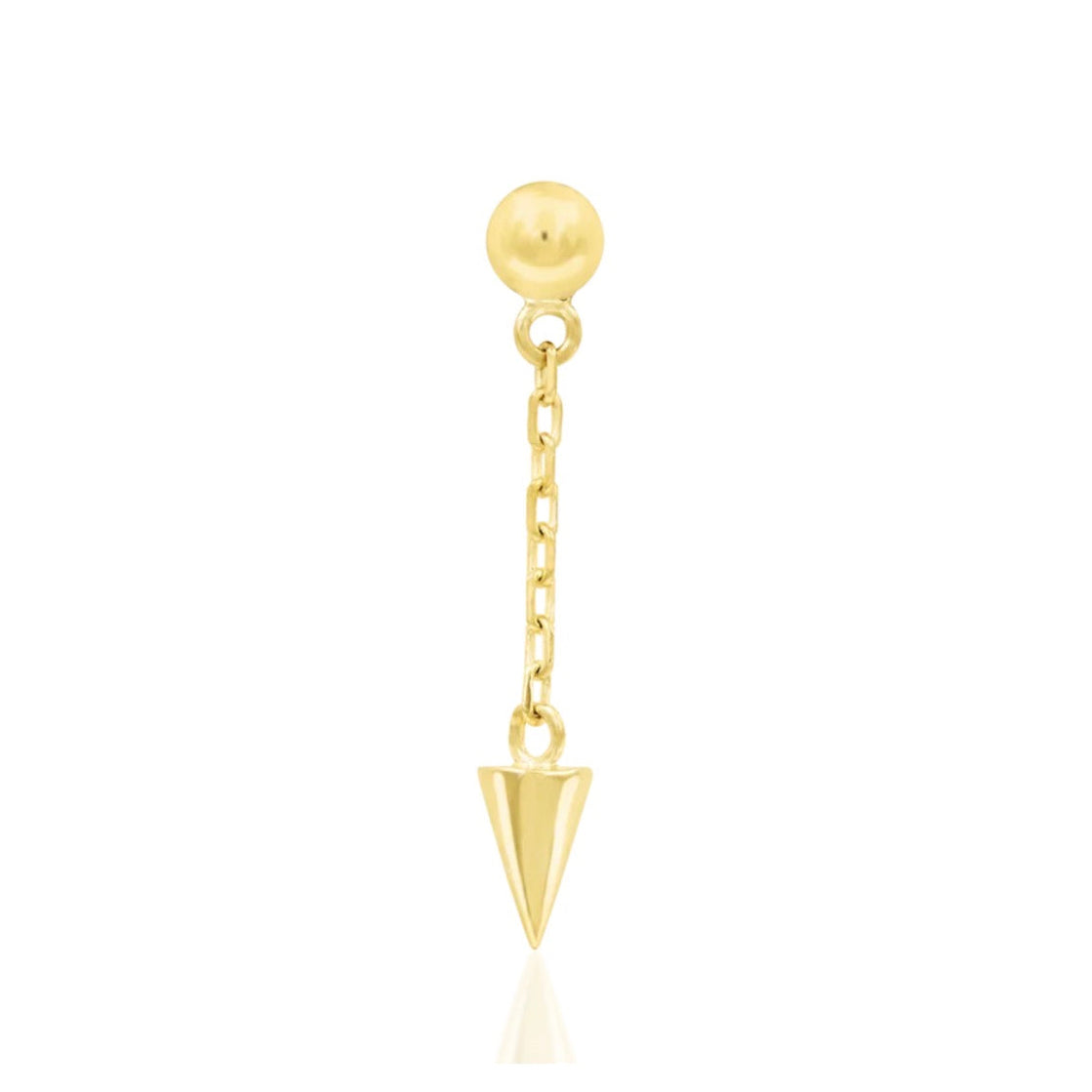 Solid gold spike dangle earring in 14k yellow gold with a fine chain and polished pointed drop.