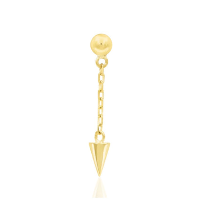Solid gold spike dangle earring in 14k yellow gold with a fine chain and polished pointed drop.