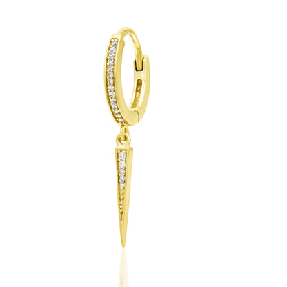 Solid gold spike hoop earring in 14k yellow gold, featuring the white cubic zirconia Junipurr Ria design.