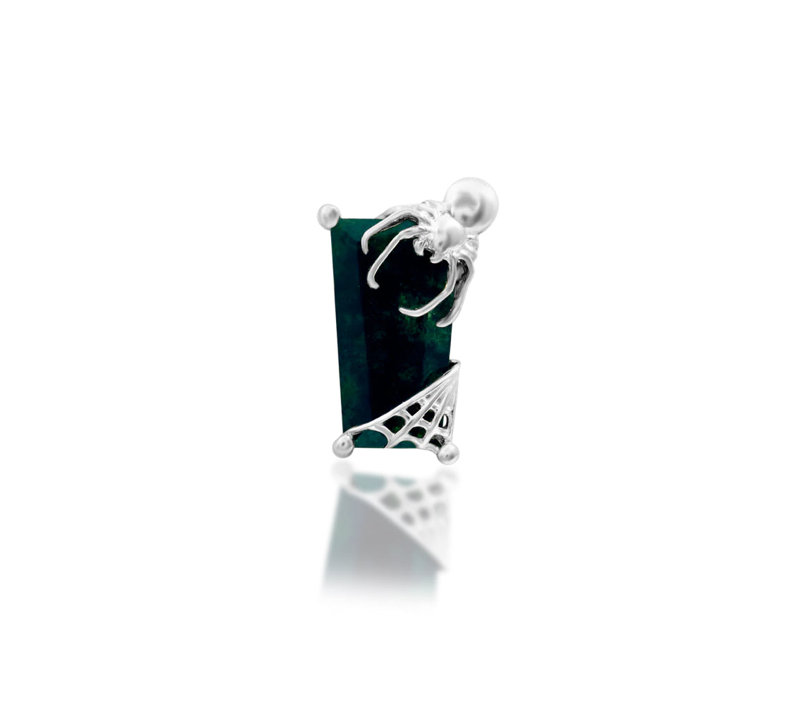 Spider helix earring in solid 14k white gold with a natural moss agate and delicate web-inspired detailing.