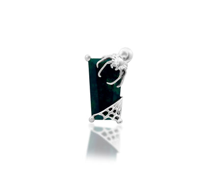 Spider helix earring in solid 14k white gold with a natural moss agate and delicate web-inspired detailing.