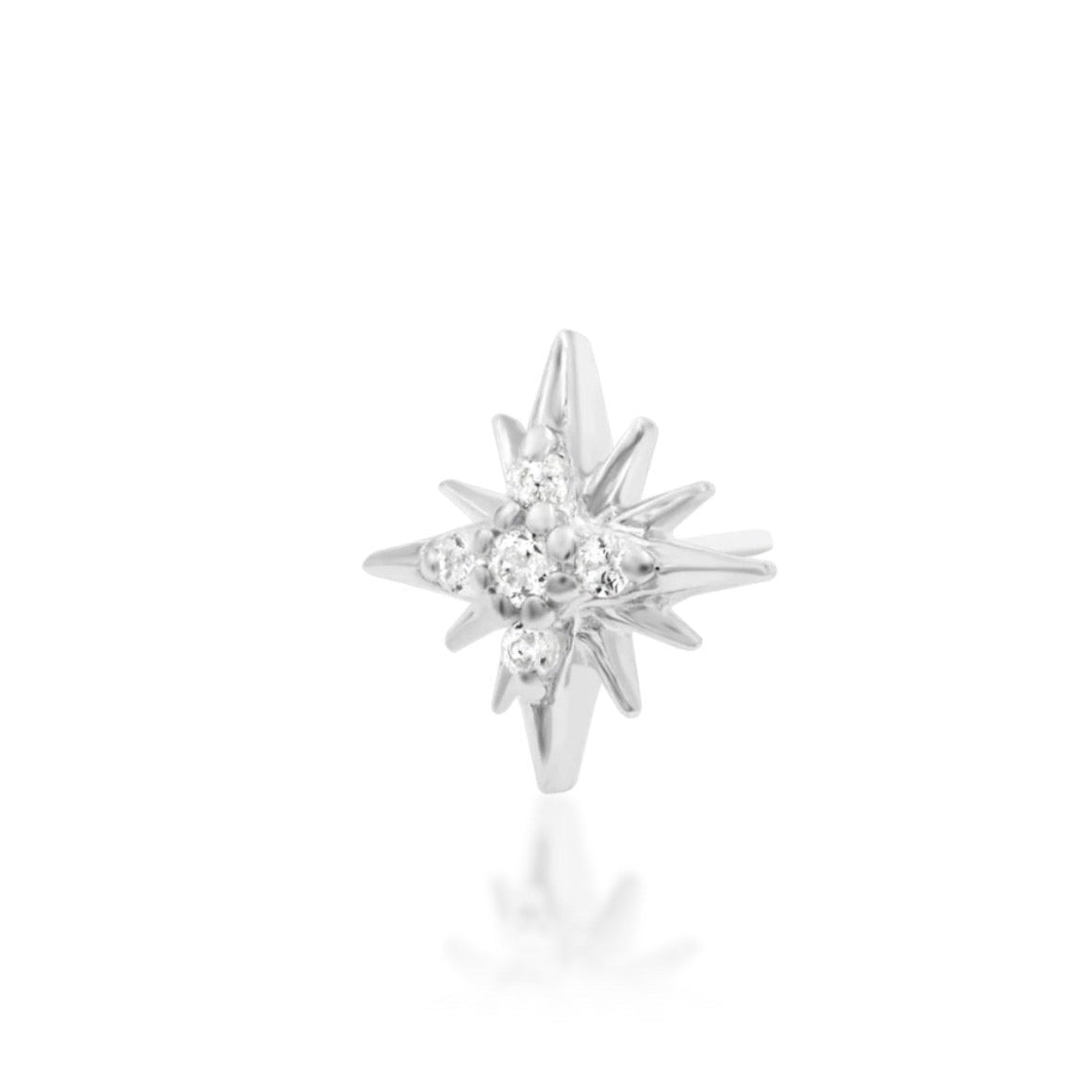 Star cartilage jewellery in solid white gold, featuring sharp rays and petite cubic zirconia sparkle.