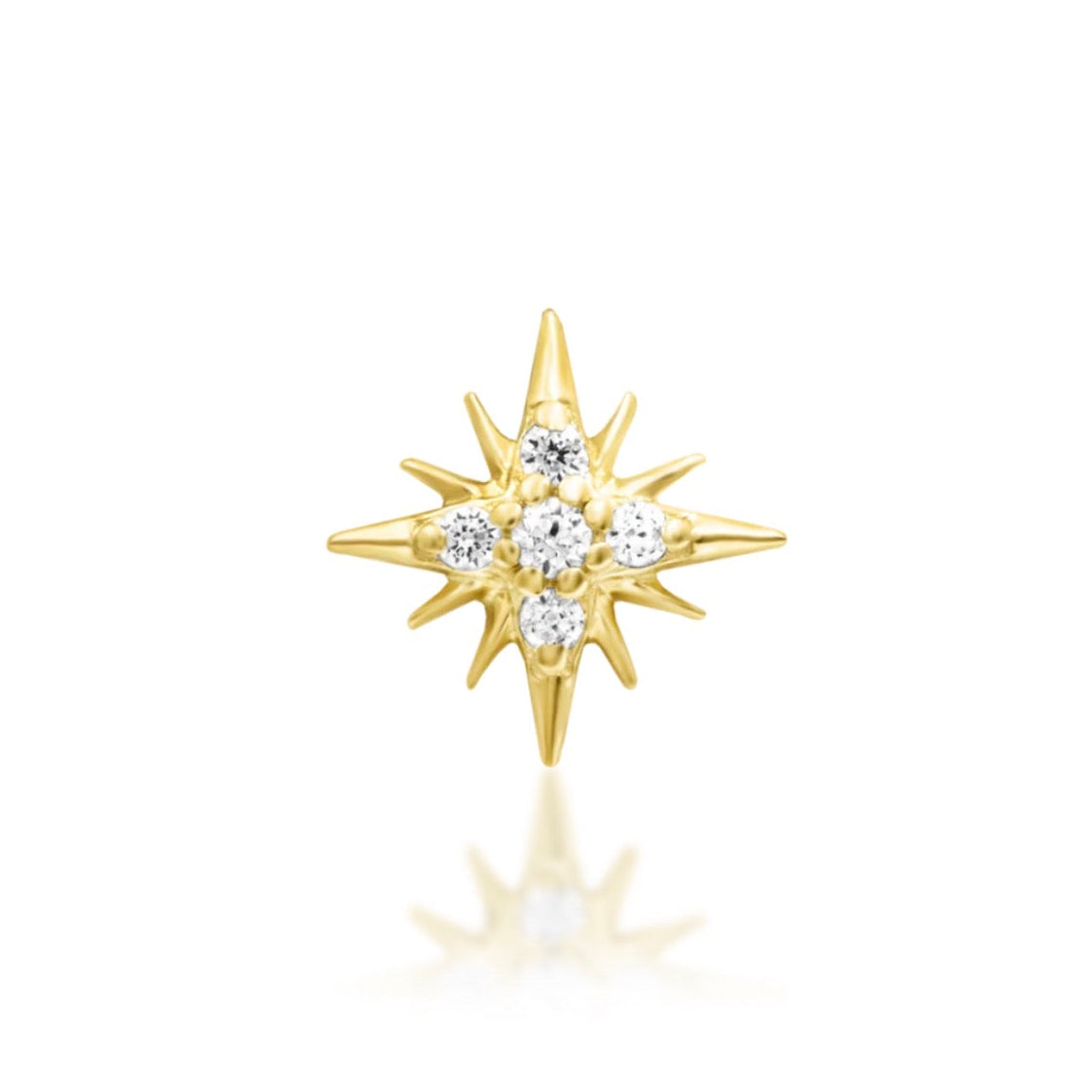 Starburst cartilage earring in solid 14k yellow gold with a central cluster of clear cubic zirconia.