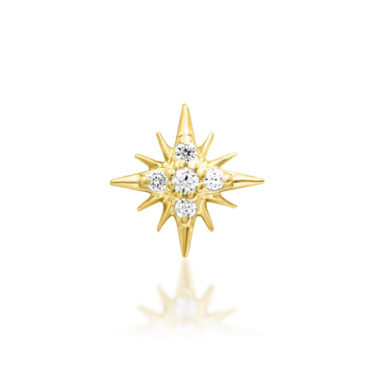Starburst cartilage earring in solid 14k yellow gold with a central cluster of clear cubic zirconia.