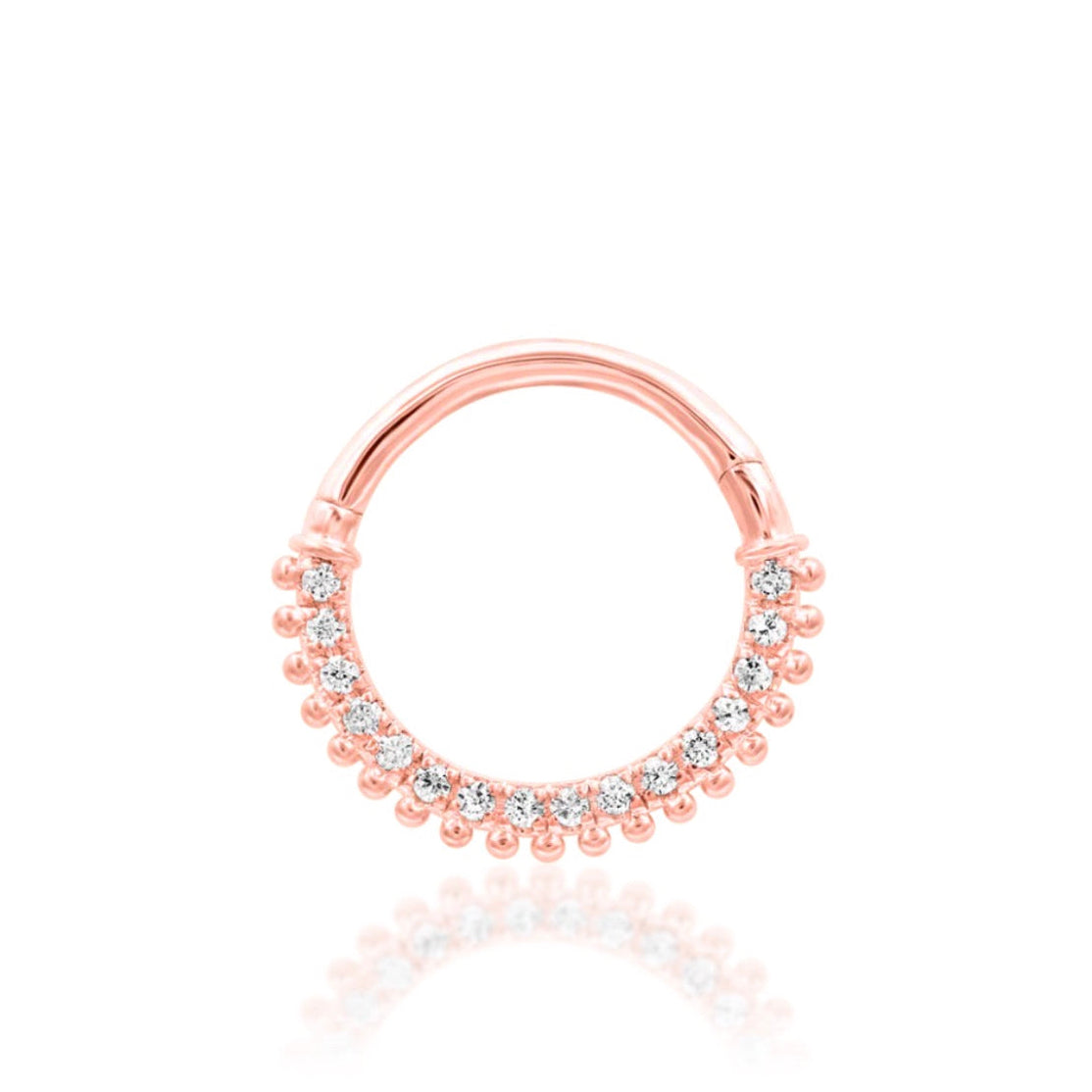 Statement septum jewellery in 14k rose gold, combining brilliant CZ sparkle with decorative gold texture.