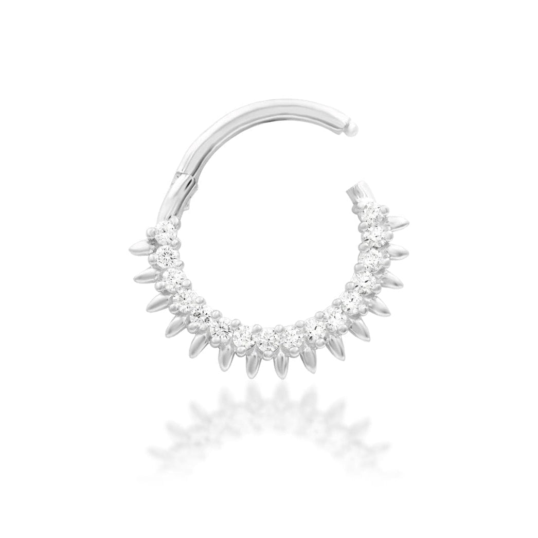 Statement septum jewellery in white gold, with Junipurr Lovina creating a broad fan of clear gemstone sparkle.
