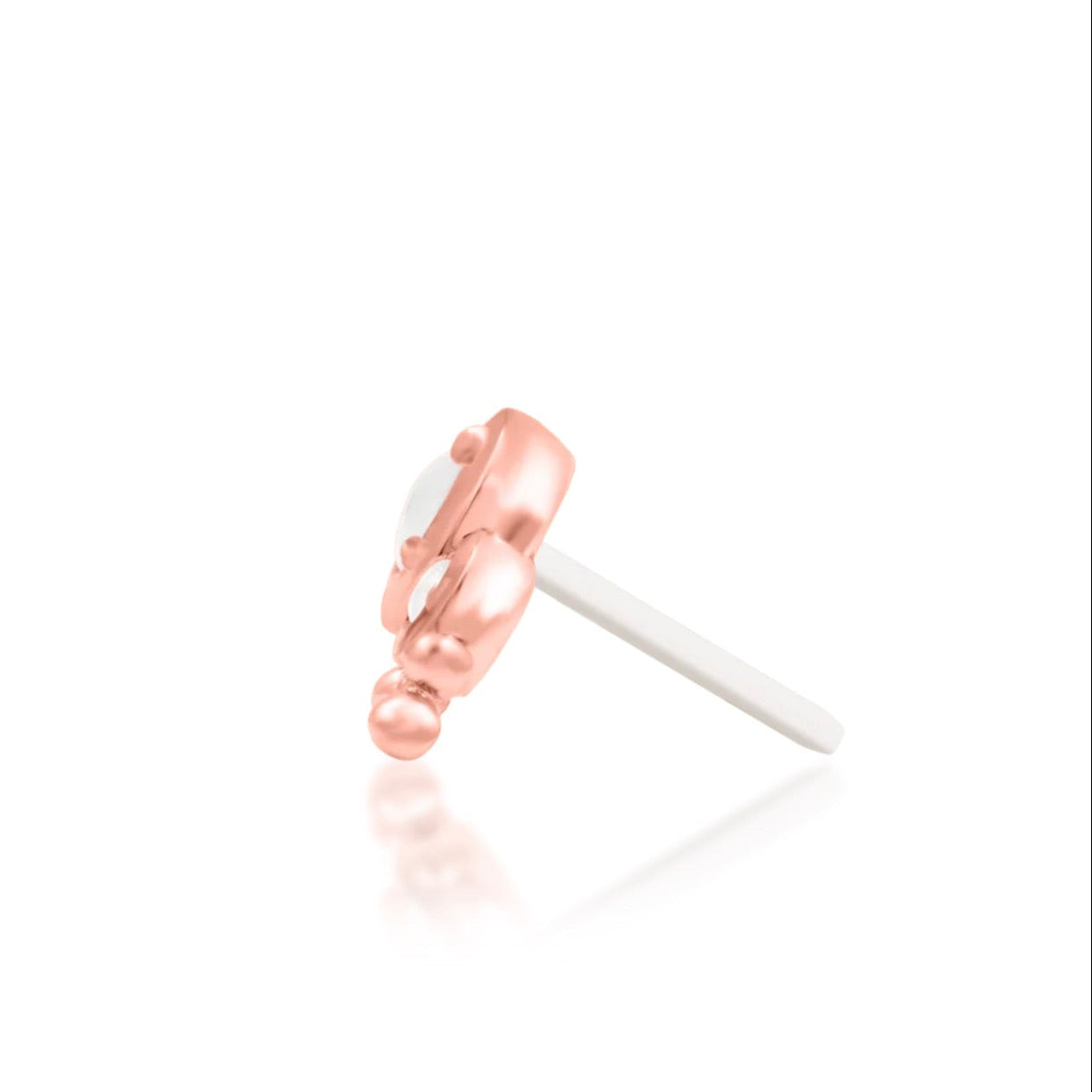 Statement threadless earring end in rose gold with an elongated moonstone cluster and sculpted gold curve.