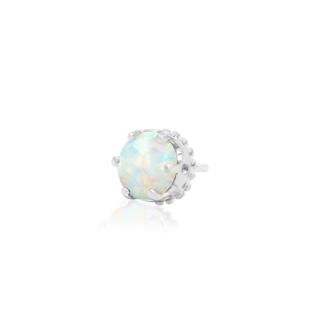 Petite white gold forward helix stud set with a multicoloured synthetic opal