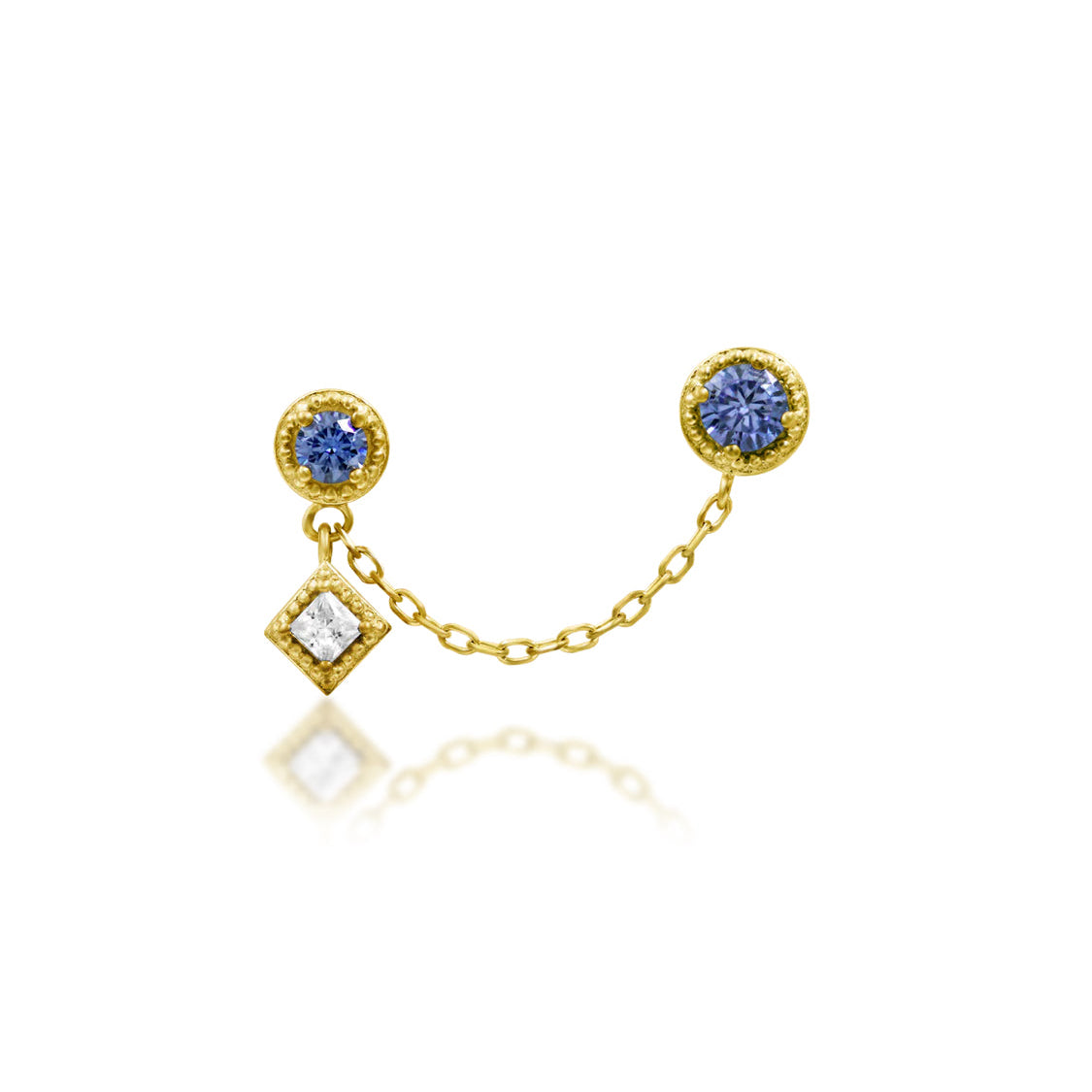 Junipurr Finery double-piercing chain earring in solid 14k yellow gold with Light Tanzanite and White CZ