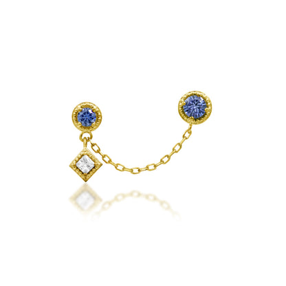 Junipurr Finery double-piercing chain earring in solid 14k yellow gold with Light Tanzanite and White CZ
