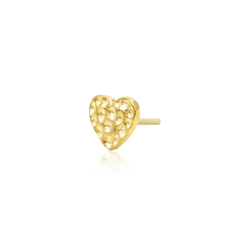 Textured yellow gold heart helix earring with a softly hammered surface
