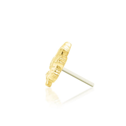 Textured gold leaf earring in 14k yellow gold with a dimensional maple leaf surface and natural finish.