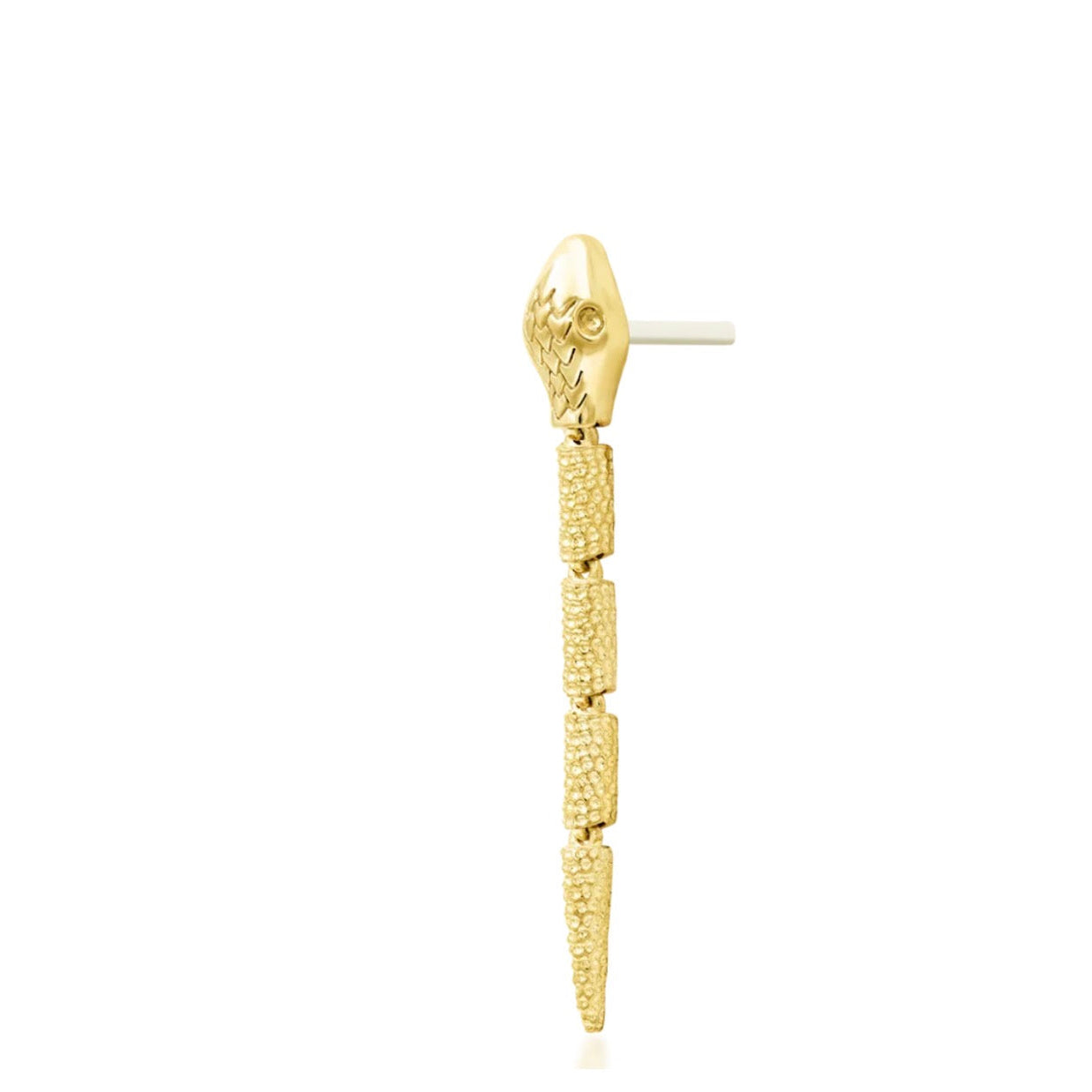 Textured serpent cartilage drop in solid yellow gold with a long articulated design