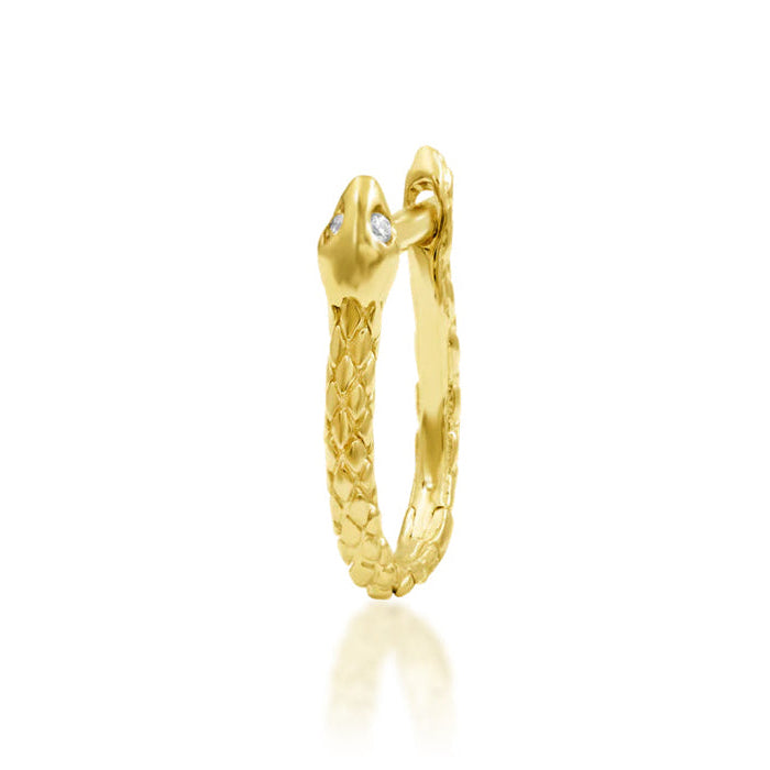 Textured serpent lobe hoop in yellow gold with two sparkling white cubic zirconia eyes