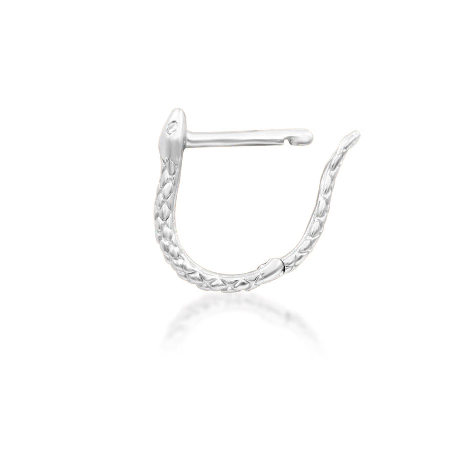 Textured white gold snake cartilage hoop with sculpted scales and a close-fitting shape