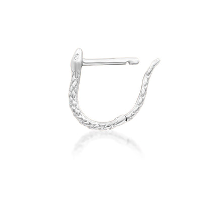 Textured white gold snake cartilage hoop with sculpted scales and a close-fitting shape
