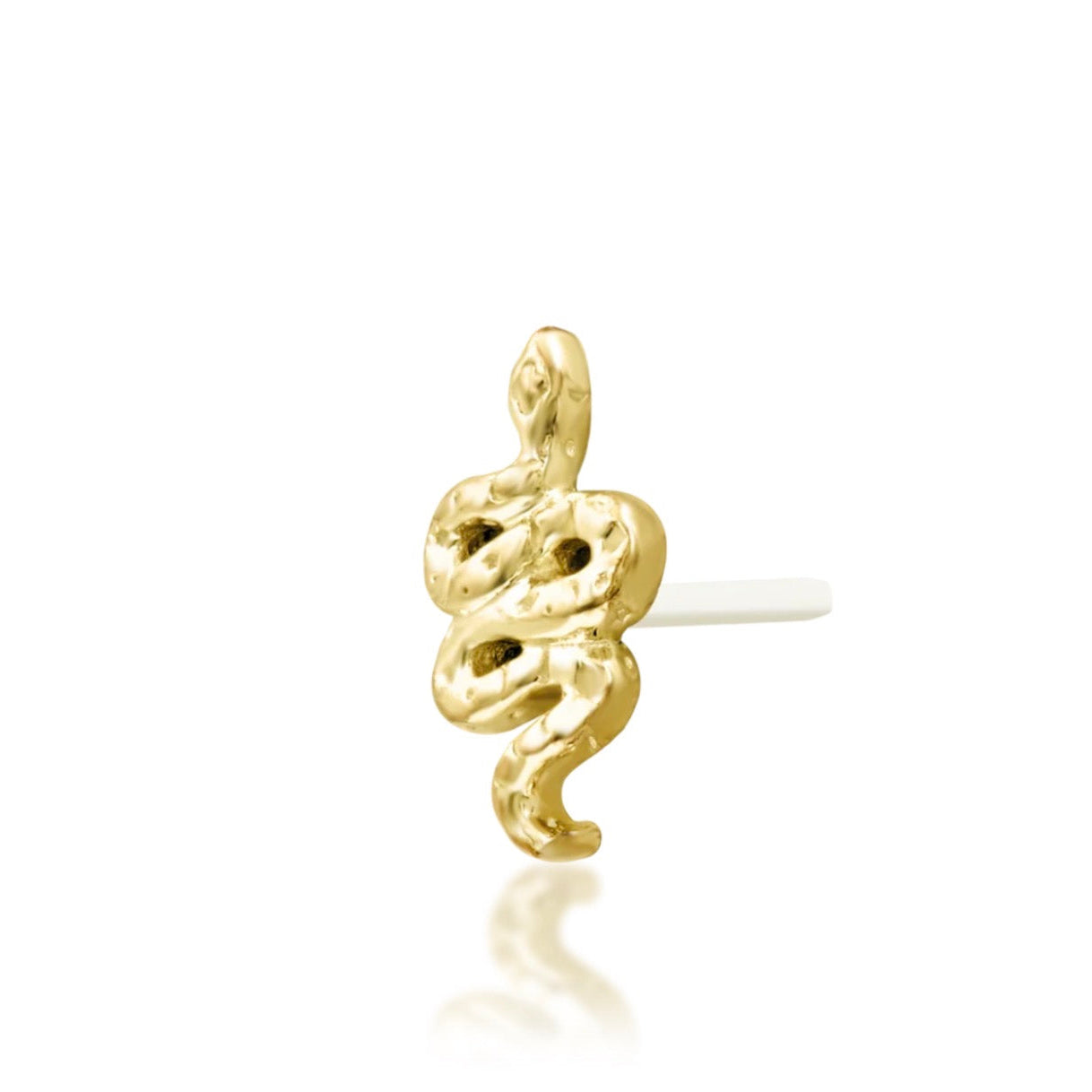 Textured snake jewellery in yellow gold, shown in the distinctive hammered finish of Junipurr Hiss.