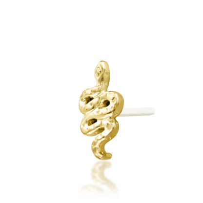 Textured snake jewellery in yellow gold, shown in the distinctive hammered finish of Junipurr Hiss.