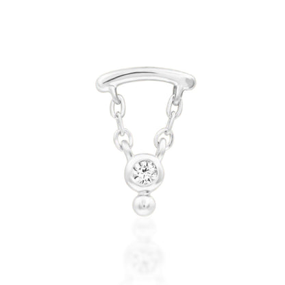 Threadless cartilage earring in 14k white gold with an elongated shape and moving gemstone accent.