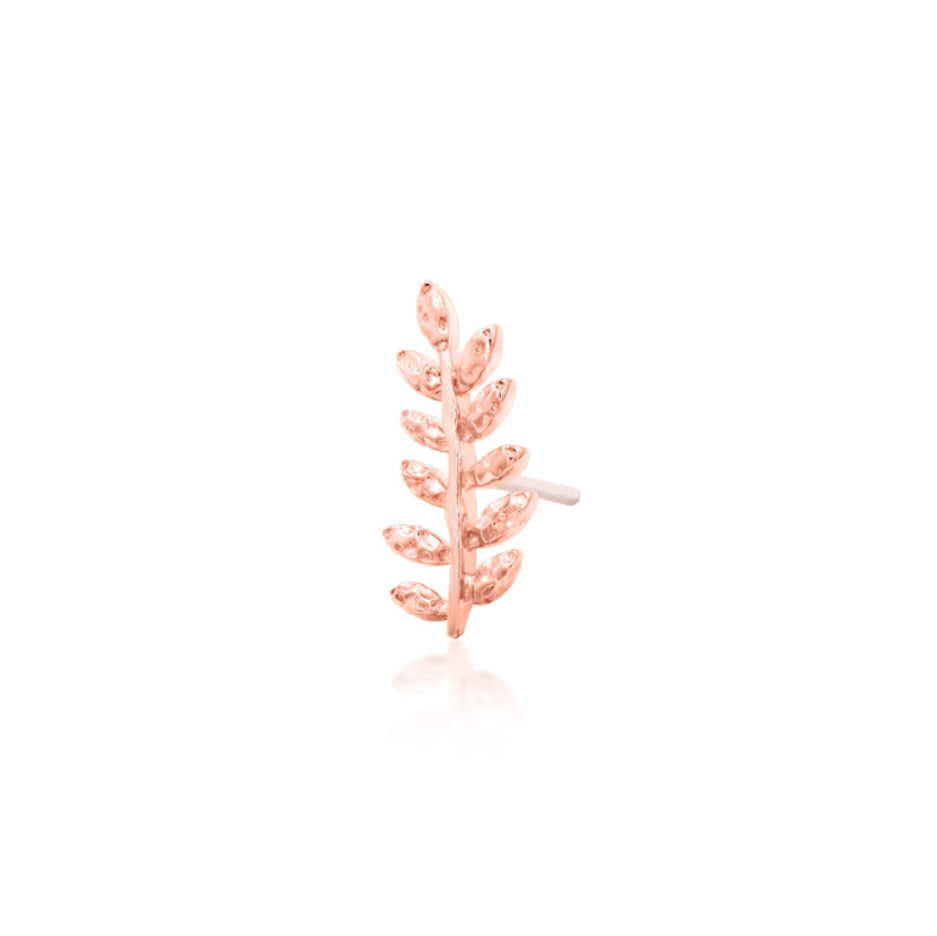 Threadless cartilage jewellery in 14k rose gold, featuring a 4.5mm × 9.5mm directional leaf end.
