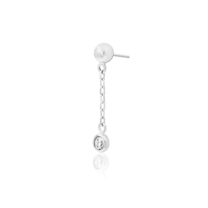 Threadless chain earring in solid white gold with a fine chain and brilliant clear CZ gemstone.