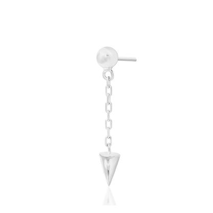 Threadless chain earring in solid white gold with a sleek dangling spike and minimalist finish.