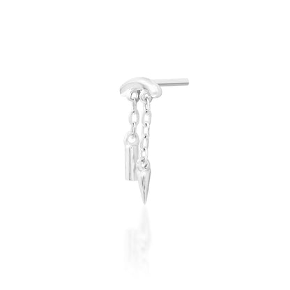 Threadless chain earring in solid white gold with a curved upper bar and fine moving gold chains.