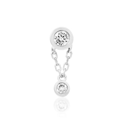 Threadless dangle earring in solid 14k white gold with two bezel-set Swarovski CZ stones.