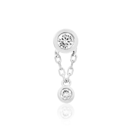Threadless dangle earring in solid 14k white gold with two bezel-set Swarovski CZ stones.