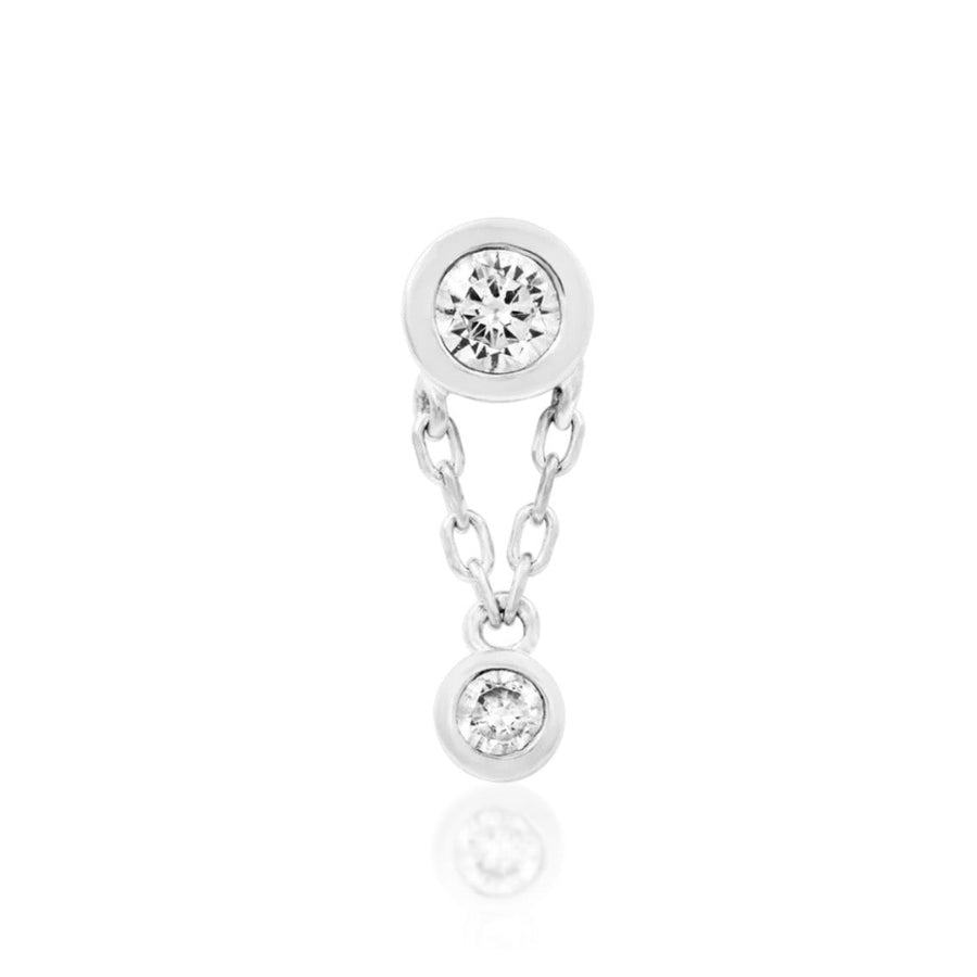 Threadless dangle earring in solid 14k white gold with two bezel-set Swarovski CZ stones.
