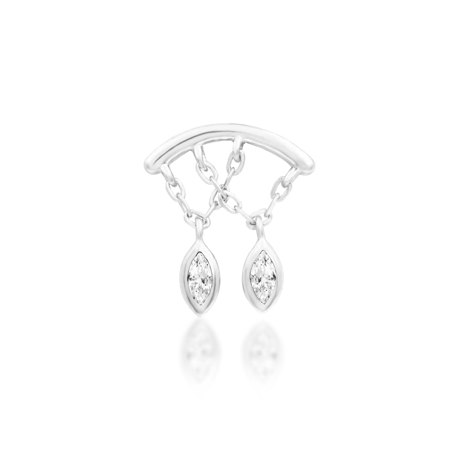 Threadless dangle earring end in 14k white gold with a curved top and two moving marquise CZ drops.
