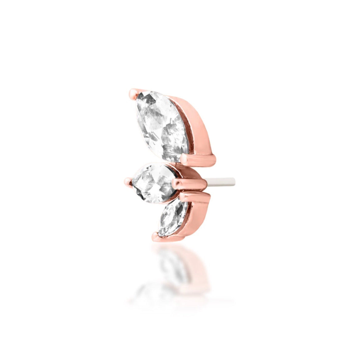 Rose gold flat earring featuring three graduated marquise-cut white CZ stones