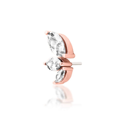 Rose gold flat earring featuring three graduated marquise-cut white CZ stones