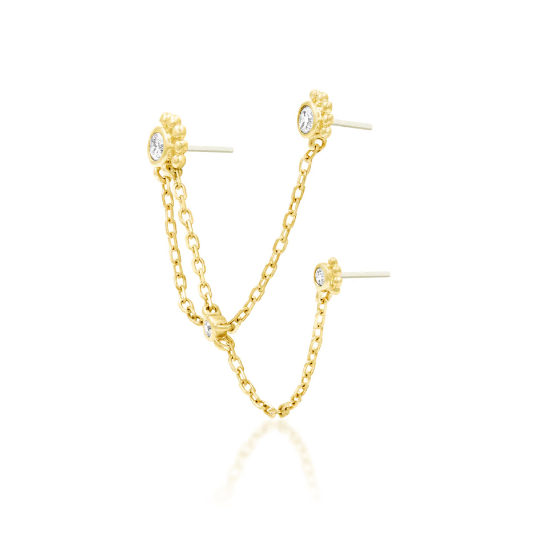 Angled view of a yellow gold three-pin ear chain connecting graduated white cubic zirconia details
