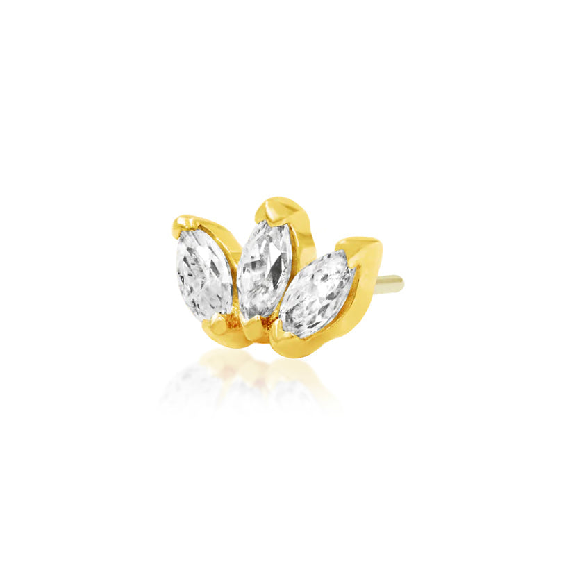 Yellow gold cartilage earring featuring three elongated gemstones in a balanced fan arrangement