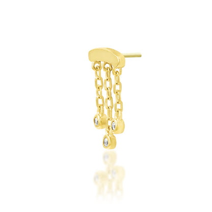 Yellow gold flat earring with three white CZ stones suspended from delicate chains
