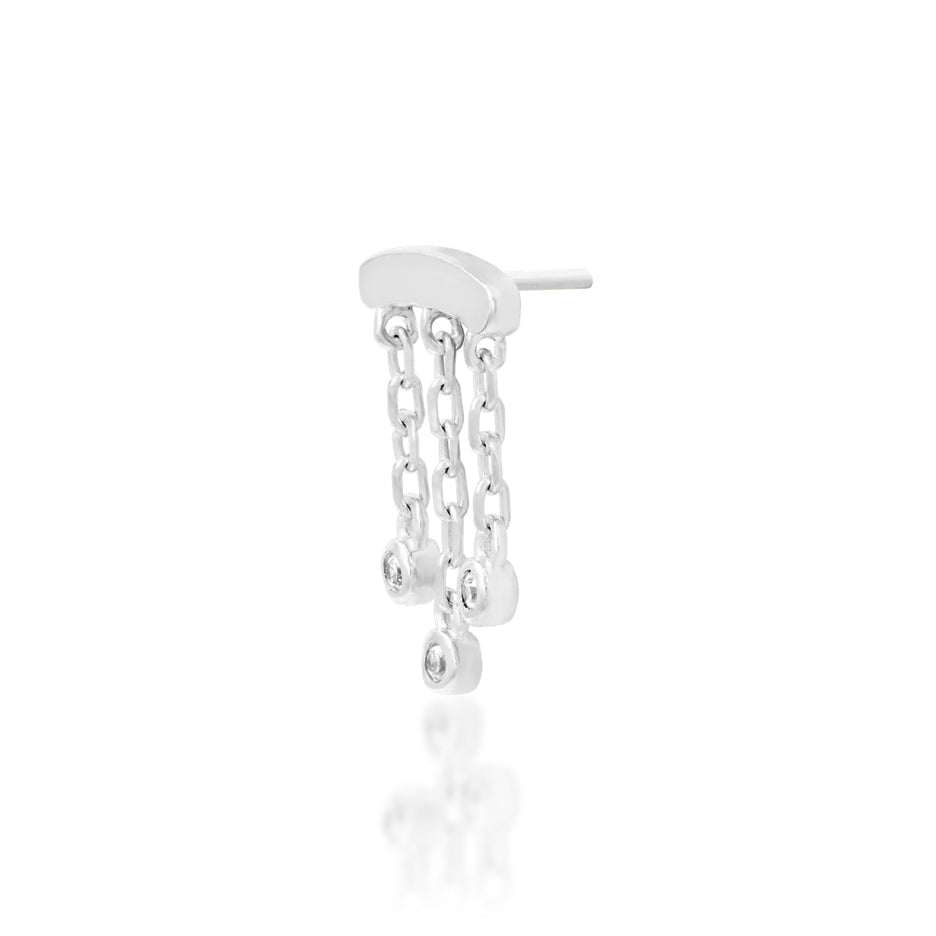 White gold lobe earring with three cubic zirconia stones dangling from fine chains