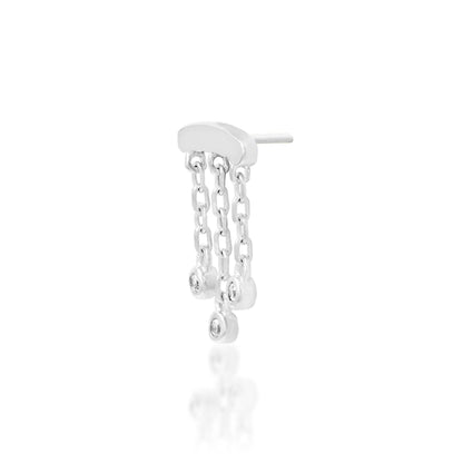 White gold lobe earring with three cubic zirconia stones dangling from fine chains
