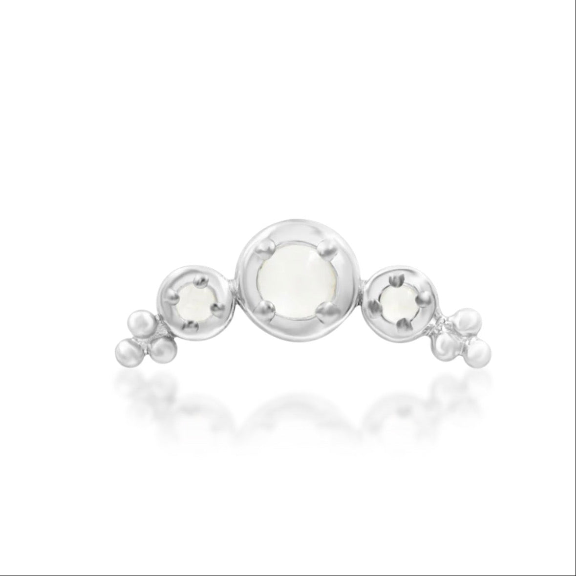 Three-stone moonstone earring in 14k white gold with one central gem and two smaller accents.