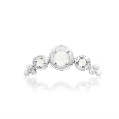 Three-stone moonstone earring in 14k white gold with one central gem and two smaller accents.