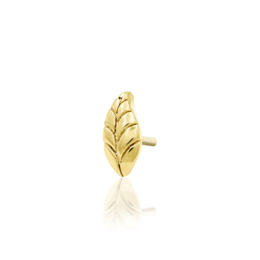 Tiny gold leaf earring in yellow gold, measuring 2.2mm × 4.7mm for delicate piercing styling.